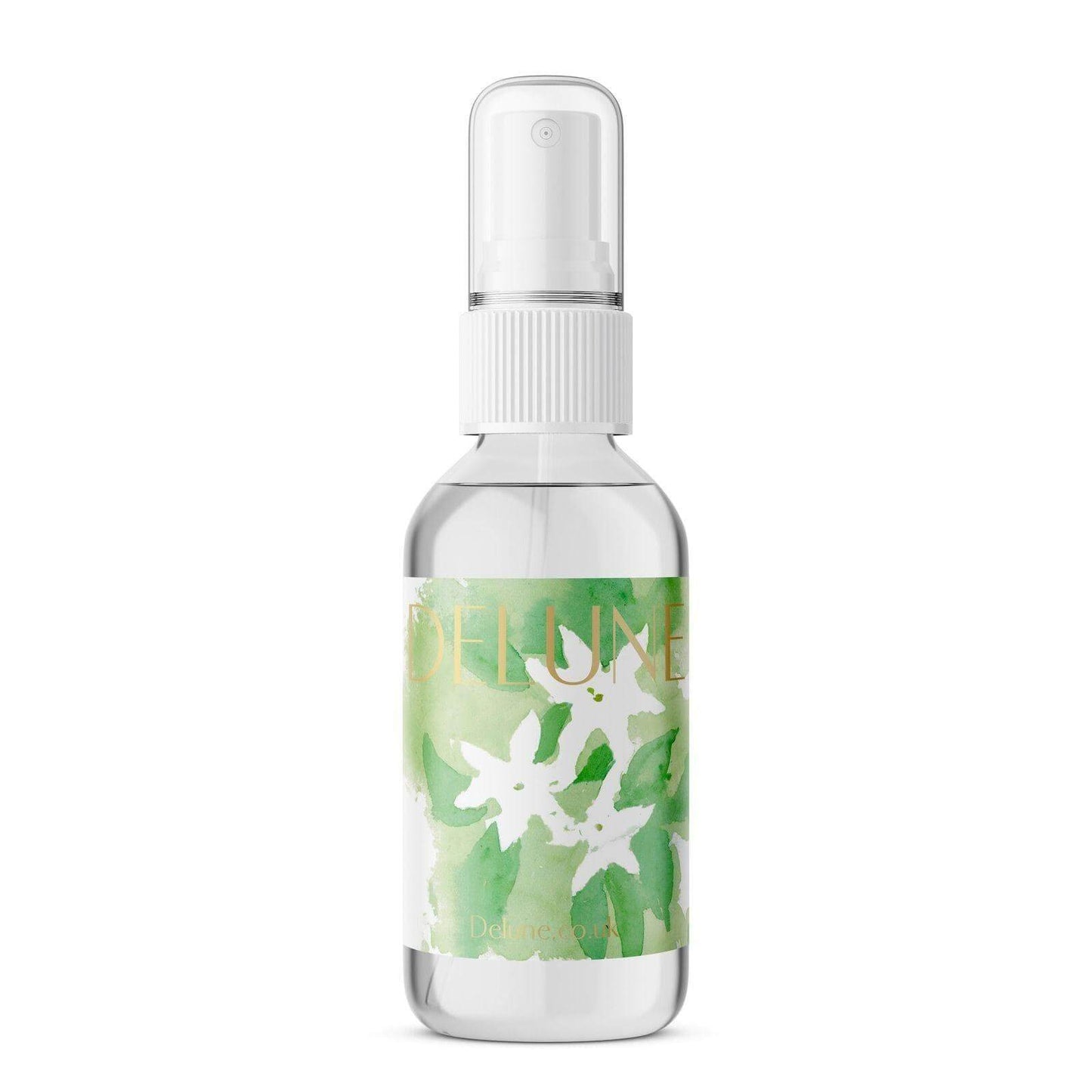 Jasmine and Green Tea Hydrosol Face Mist bottle with green floral design, refreshing skincare product for rejuvenation and balance.
