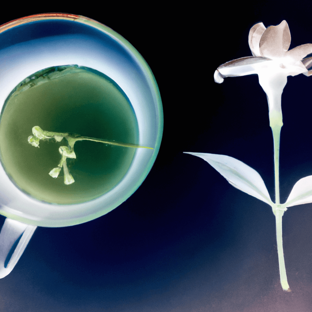 Cup of green tea with a jasmine flower on a dark background, symbolizing the refreshing blend of Jasmine and Green Tea Hydrosol Face Mist.