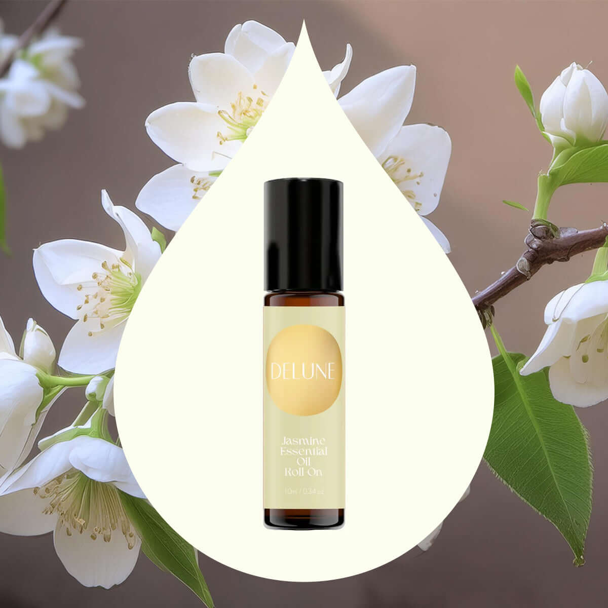 Jasmine Essential Oil Roll-On against a floral background, enhancing mood and sensuality with its intoxicating night-blooming scent.