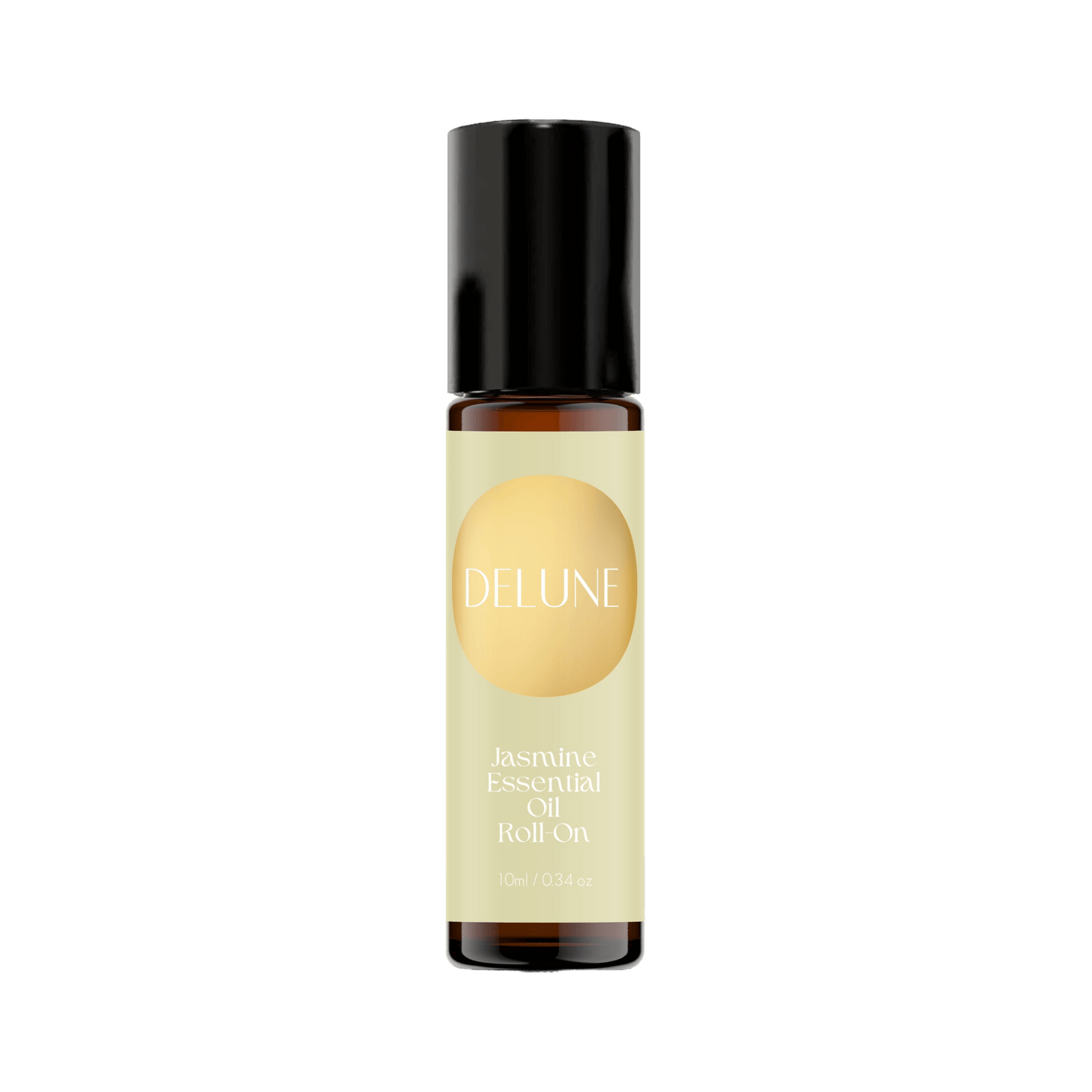 Delune Jasmine Essential Oil Roll-On in amber bottle with soothing floral aroma, mood-enhancing and playful scent, 10ml size.