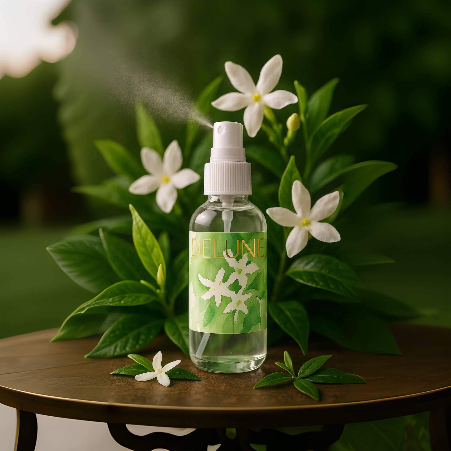 Jasmine and Green Tea Hydrosol Face Mist with blooming jasmine flowers, promoting refreshing skincare and tranquility.