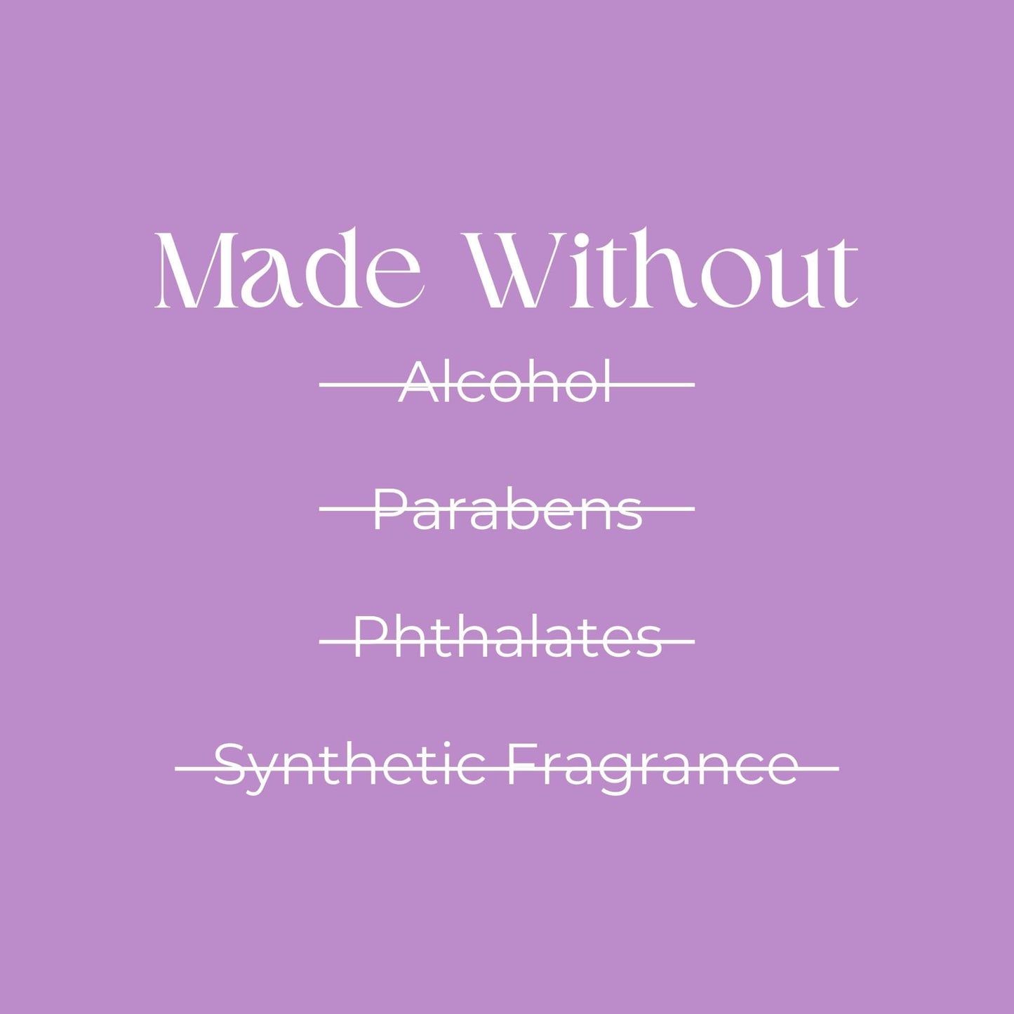 Pure lavender body oil, free of alcohol, parabens, phthalates, and synthetic fragrance, on a calming lavender background.