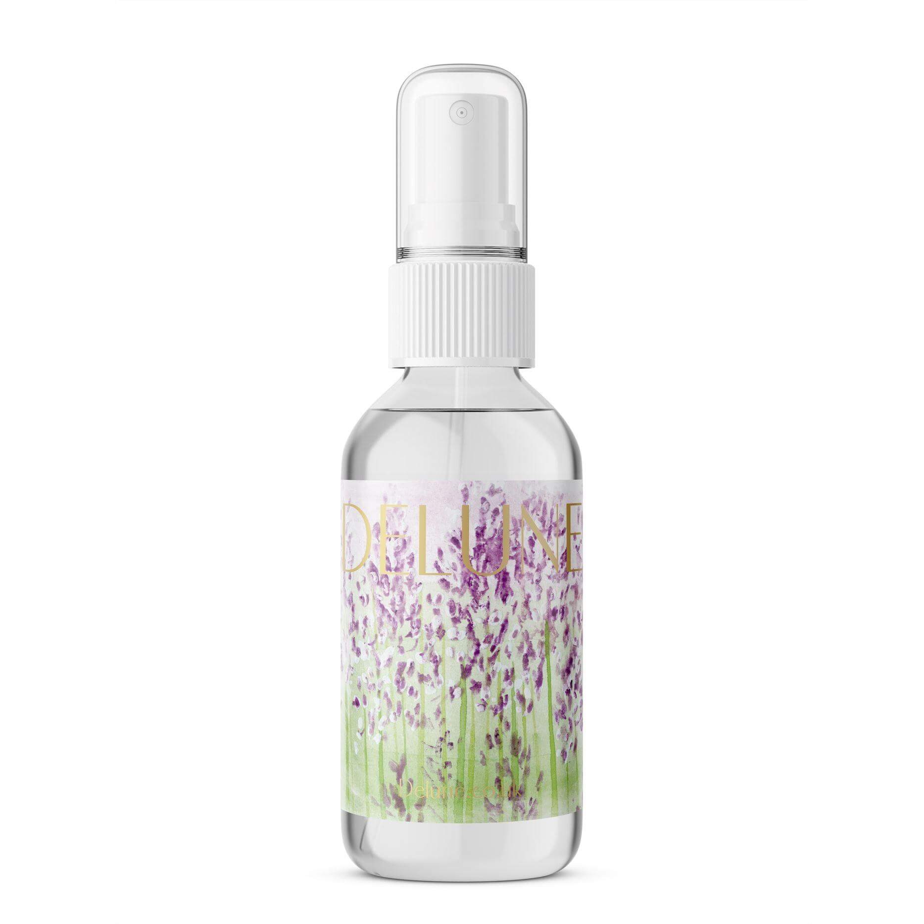 Lavender Hydrosol Face Mist bottle with calming floral design, offering relaxation and rejuvenation through soothing lavender scent.