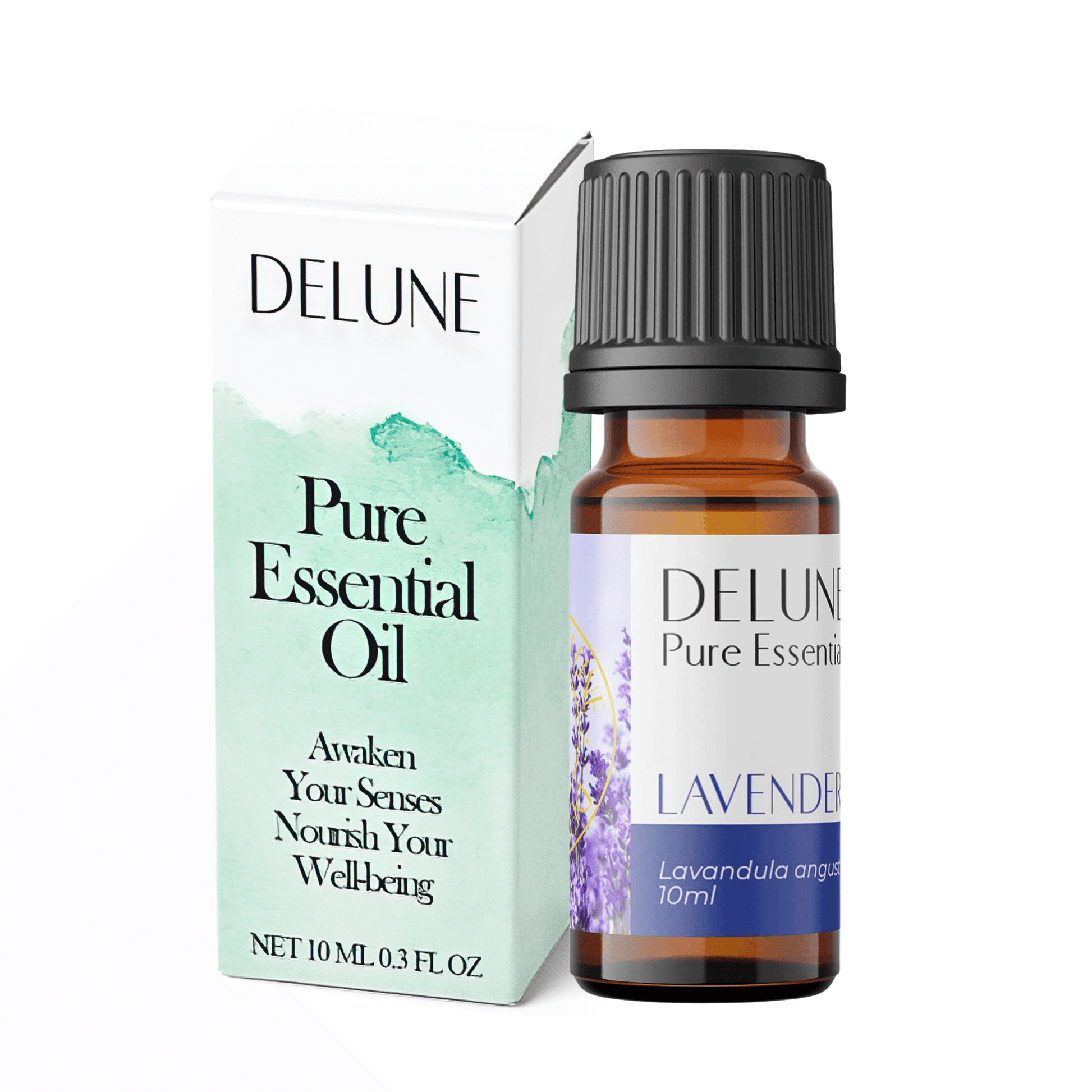 Lavender Pure Essential Oil by Delune in 10ml bottle with calming floral aroma, perfect for relaxation and skincare.