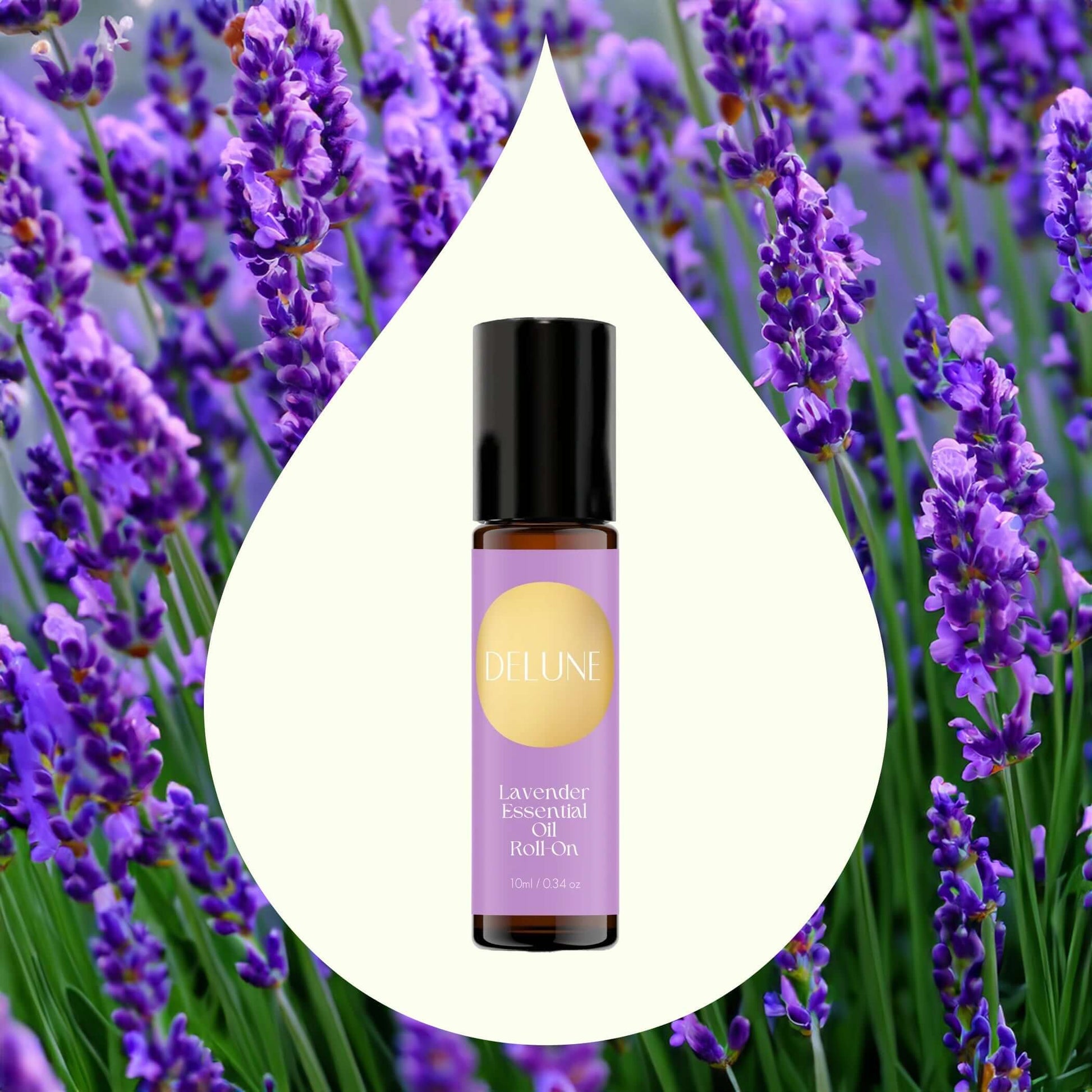 Lavender Essential Oil Roll-On surrounded by blooming lavender flowers, ideal for relaxation and stress relief