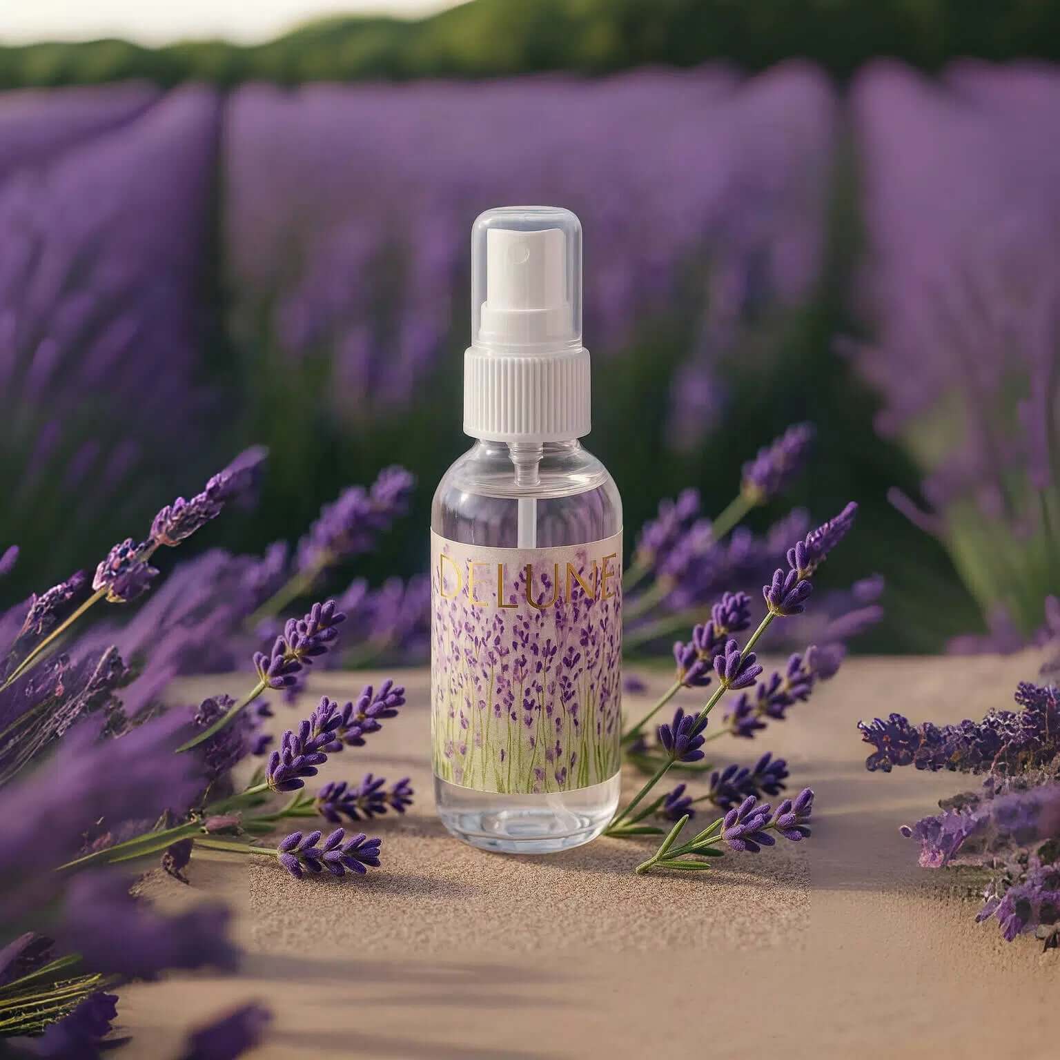 Lavender Hydrosol Face Mist bottle in a lavender field, offering calming and rejuvenating aromatherapy skincare.