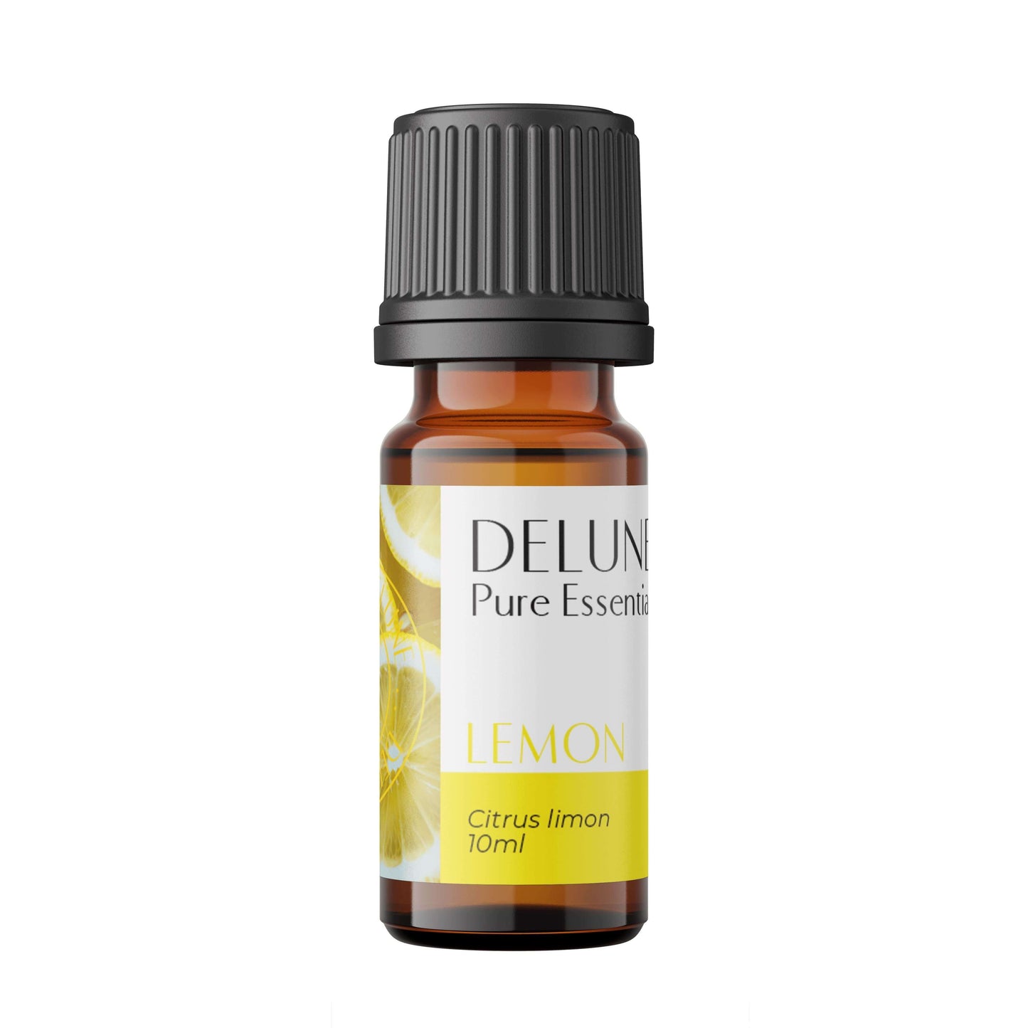 Lemon Pure Essential Oil 10ml bottle, known for its citrusy scent and uplifting properties, ideal for mood boosting and cleansing.