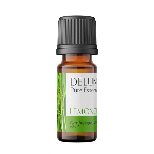 Lemongrass pure essential oil bottle, 10ml, with citrusy aroma for revitalizing energy and natural insect repellent benefits.