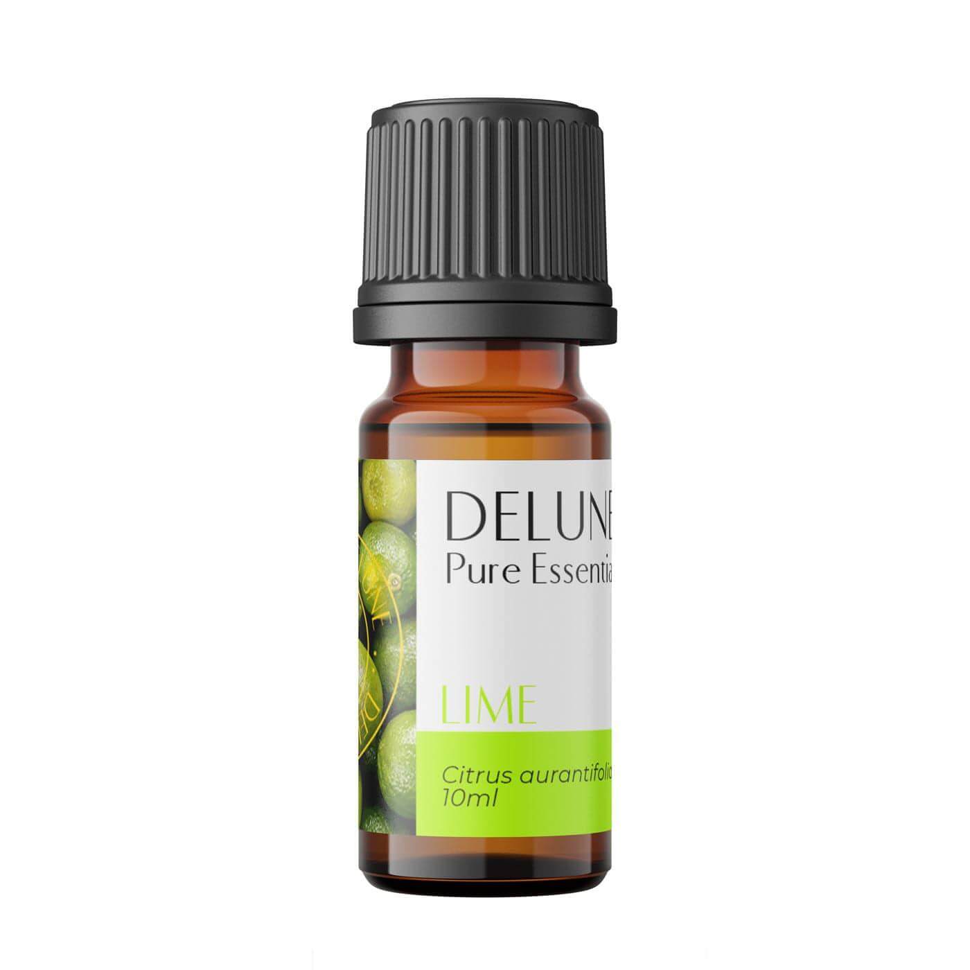 Lime Pure Essential Oil Bottle with refreshing and uplifting aroma for aromatherapy, stress relief, and cleaning; 10ml size.