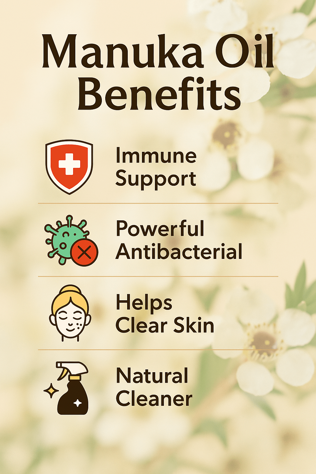 Mānuka Oil benefits infographic highlighting immune support, antibacterial properties, clear skin help, and natural cleaner uses.