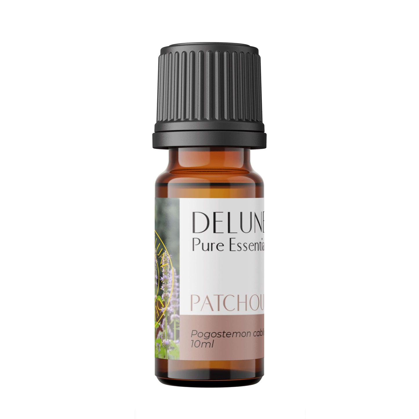 Patchouli Pure Essential Oil bottle with earthy aroma, calming properties, and natural insect-repellent benefits. 10ml size.