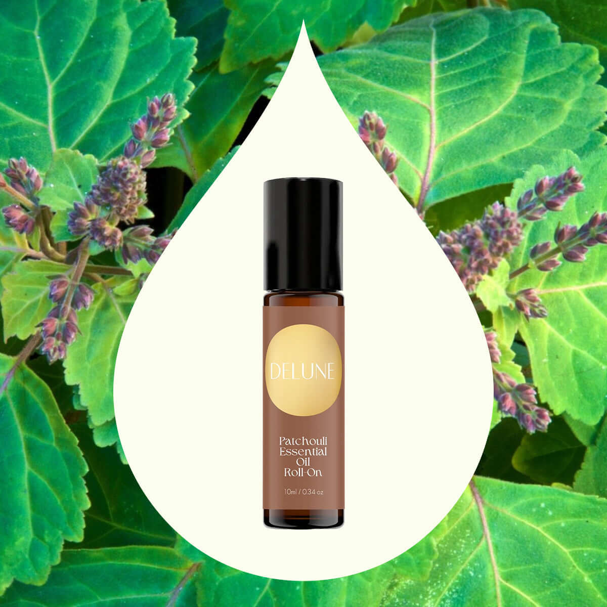 Patchouli Essential Oil Roll-On with earthy scent, evokes balance and creativity, diluted in coconut oil, set against patchouli leaves.