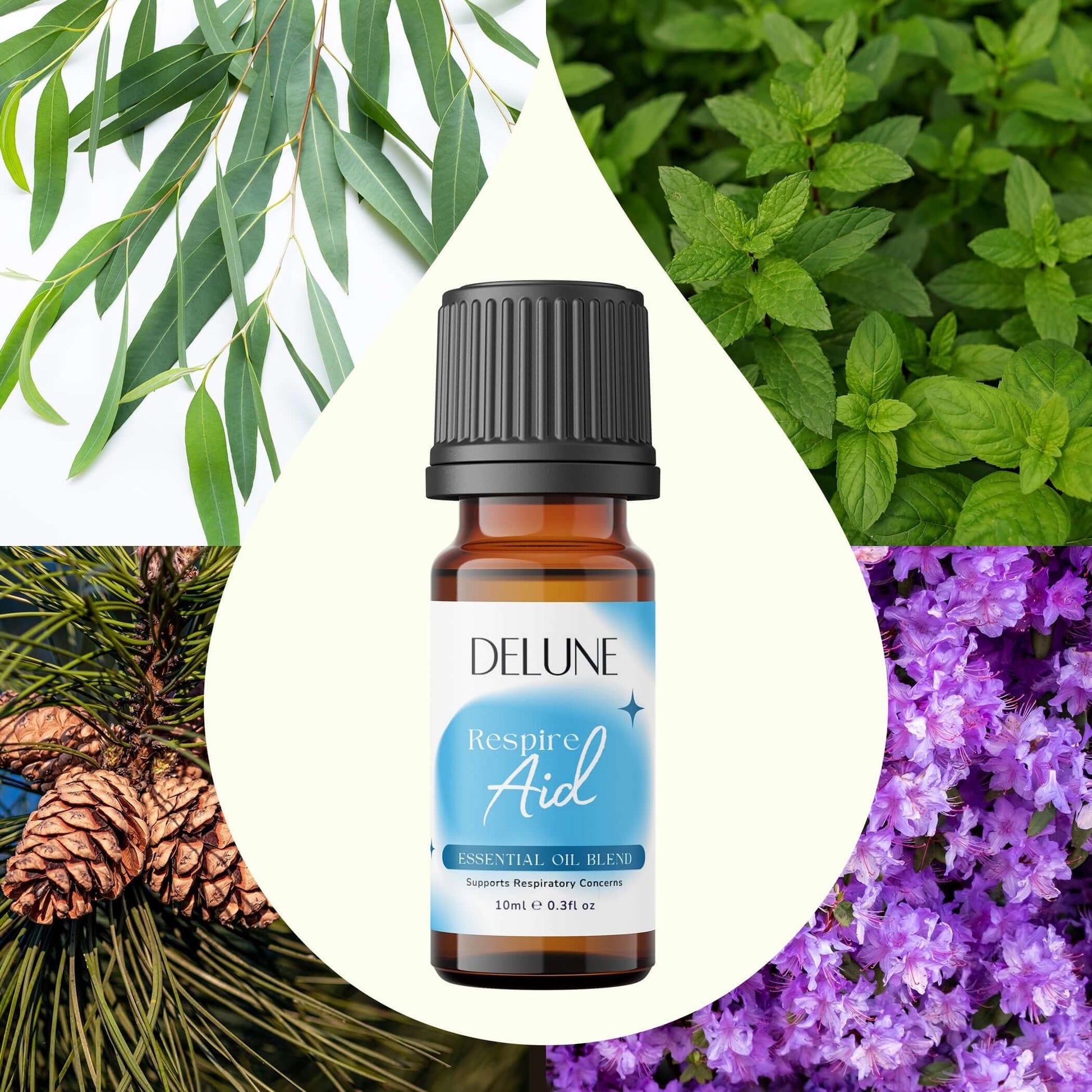 Delune Respire Aid Essential Oil Blend with eucalyptus and mint for soothing respiratory health and calming environment.