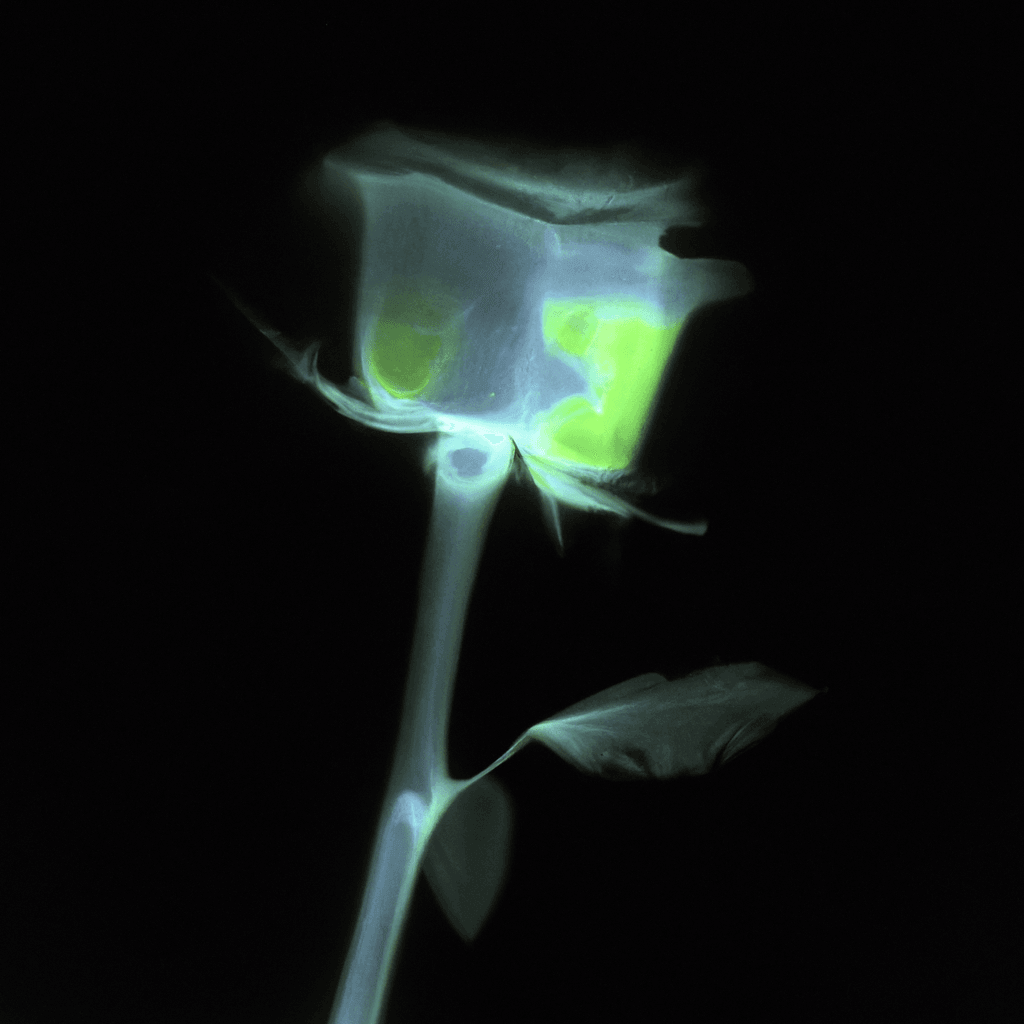 X-ray image of a single rose, glowing against a dark background, symbolizing beauty and mystery in floral art.