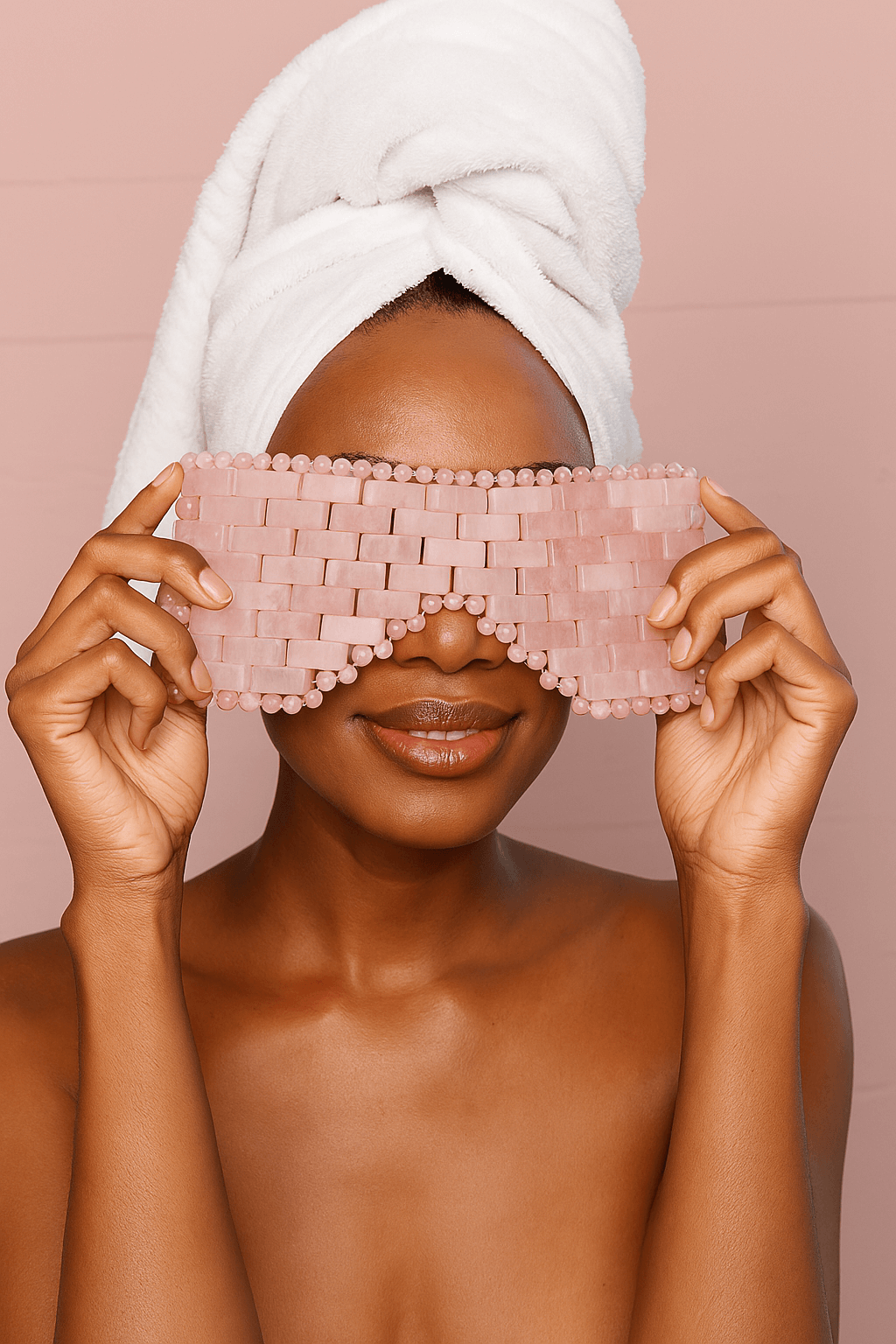 Woman using handcrafted Rose Quartz eye mask for skincare relaxation.