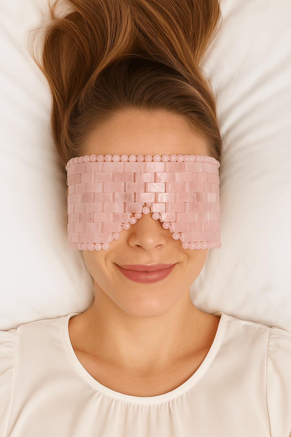 Woman relaxing with handcrafted Rose Quartz eye mask for skincare, promoting self-love and rejuvenation. Perfect gift idea.