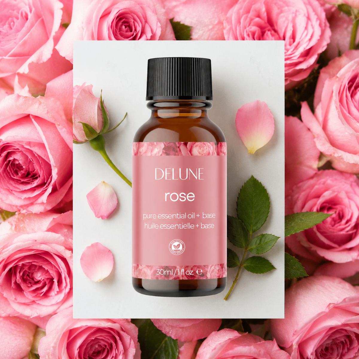 Rose body oil UAE – Delune Dubai Rose Essential Oil + Base 30ml on pink roses and petals