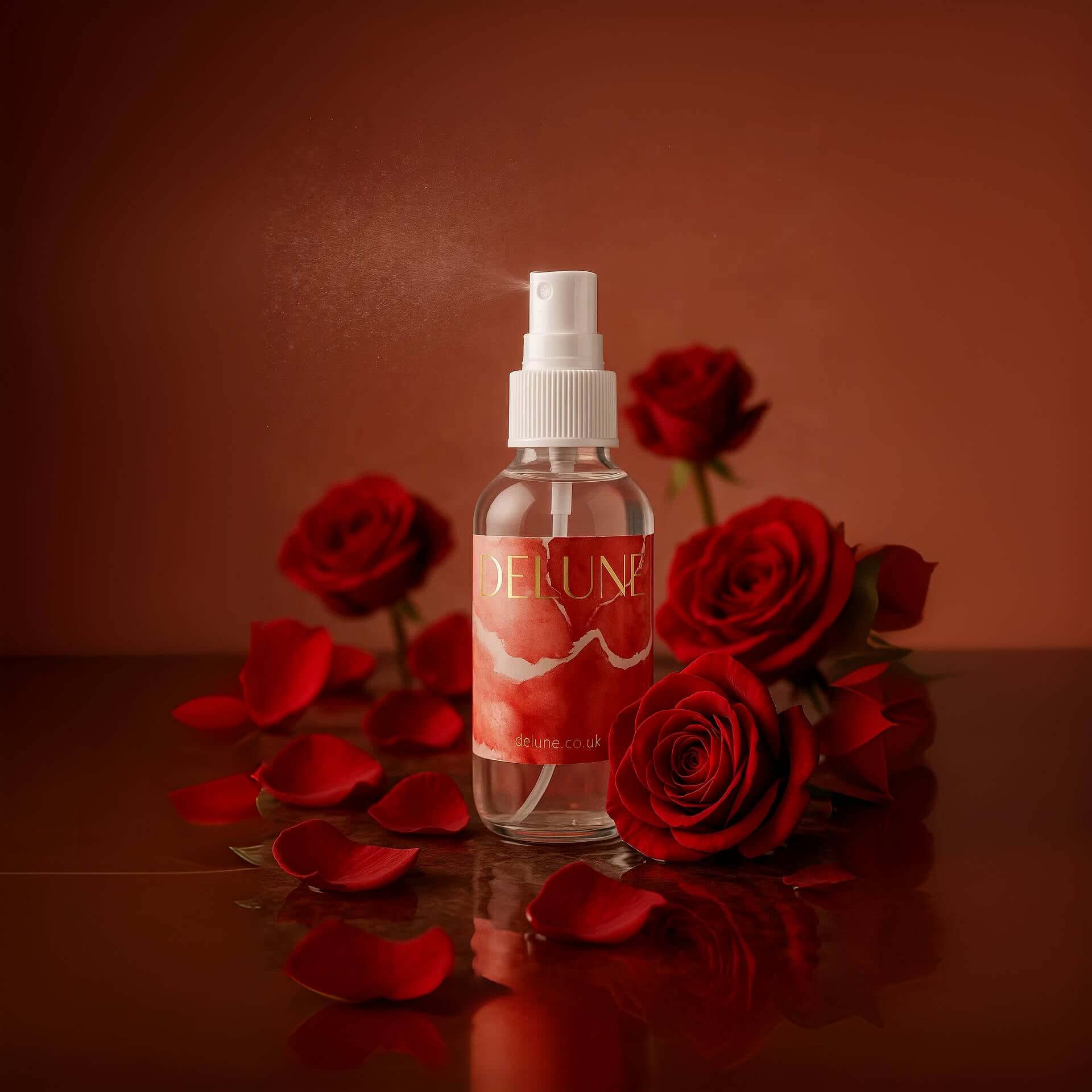 Rose Hydrosol Face Mist bottle surrounded by vibrant red roses, evoking a romantic and luxurious skincare experience.