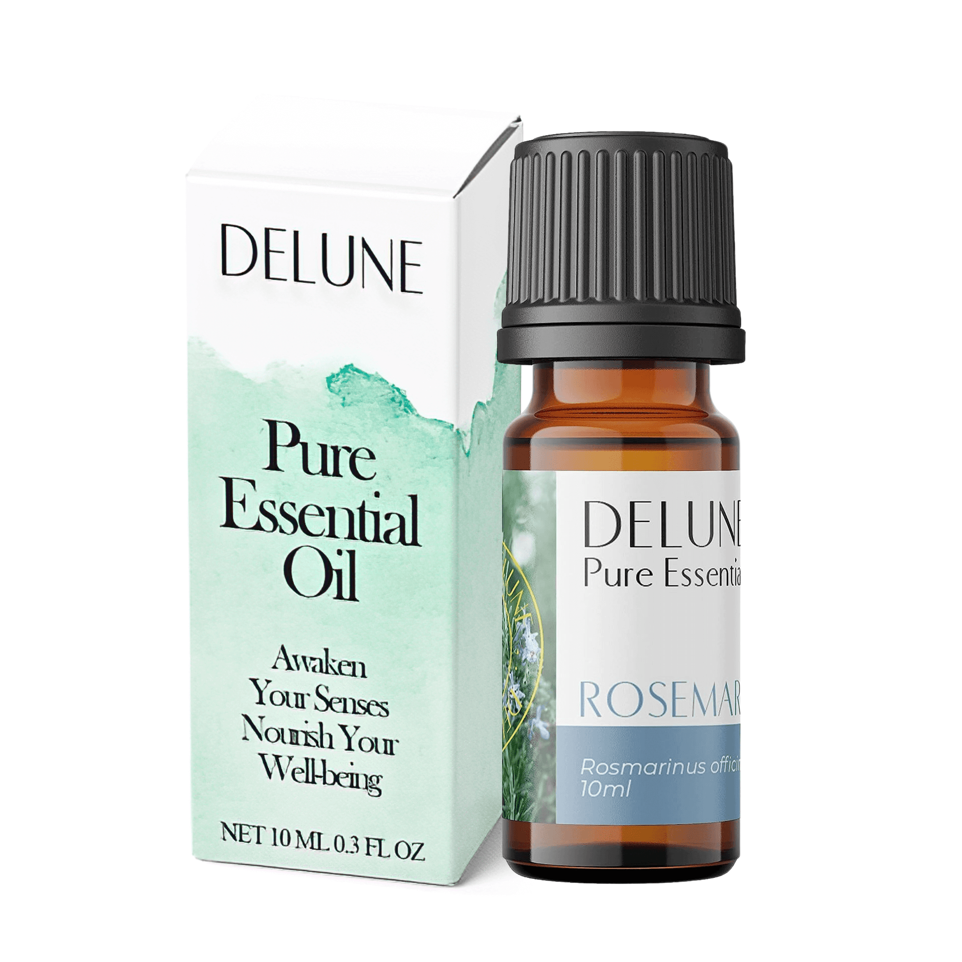 Delune Rosemary Pure Essential Oil bottle and box, 10ml, enhances focus and clarity, ideal for aromatherapy and wellness.