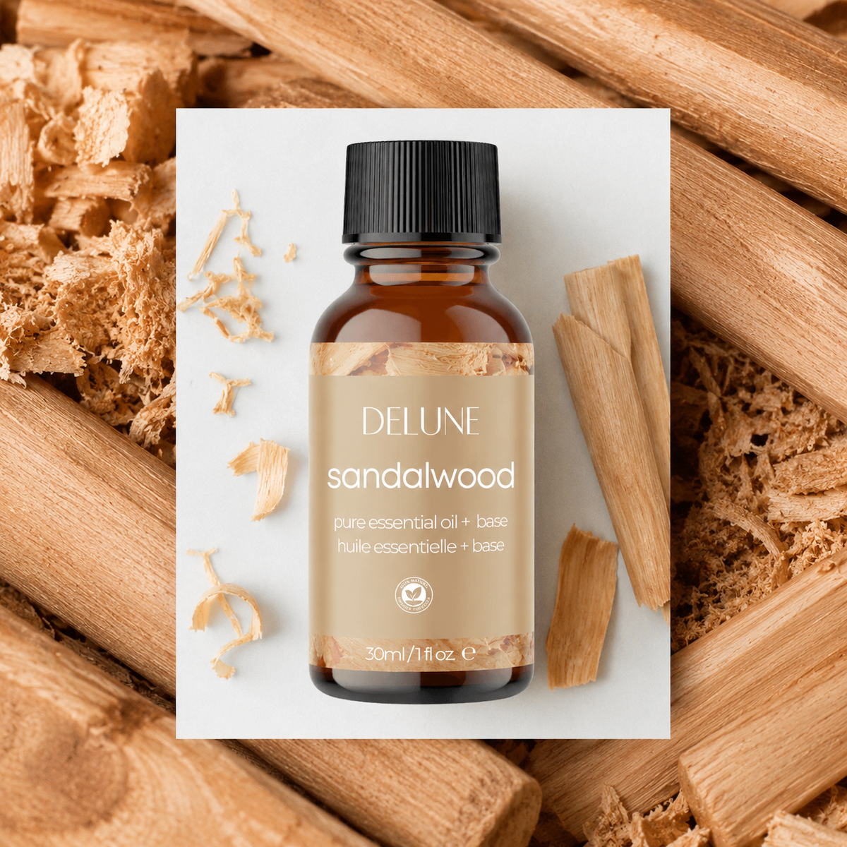 Sandalwood body oil UAE – Delune Dubai Sandalwood Essential Oil + Base 30ml on sandalwood sticks and shavings