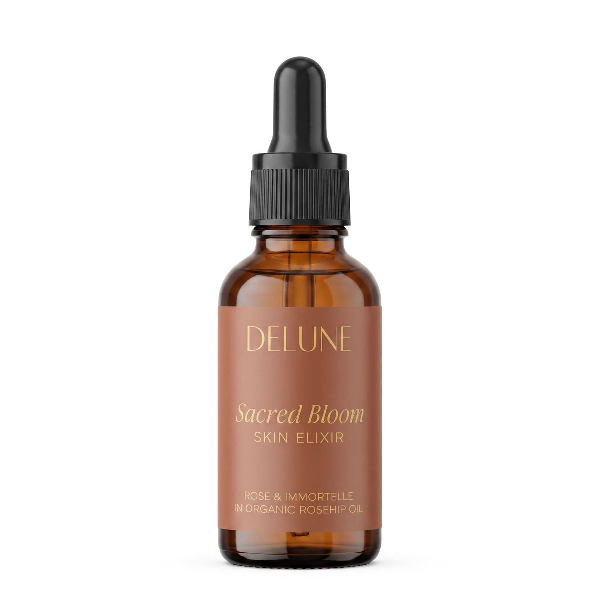 Rosehip face oil UAE – Delune Dubai Sacred Bloom Skin Elixir amber dropper bottle