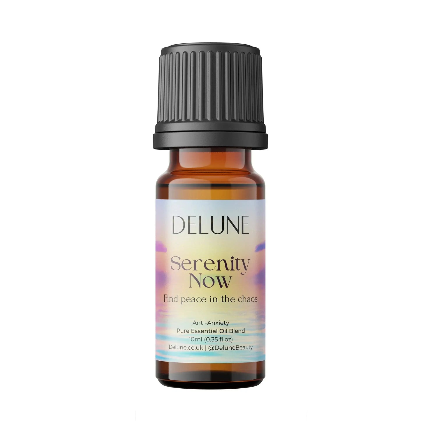 Serenity Now anti-anxiety essential oil blend bottle promoting peace and relaxation with calming lavender and chamomile scents.