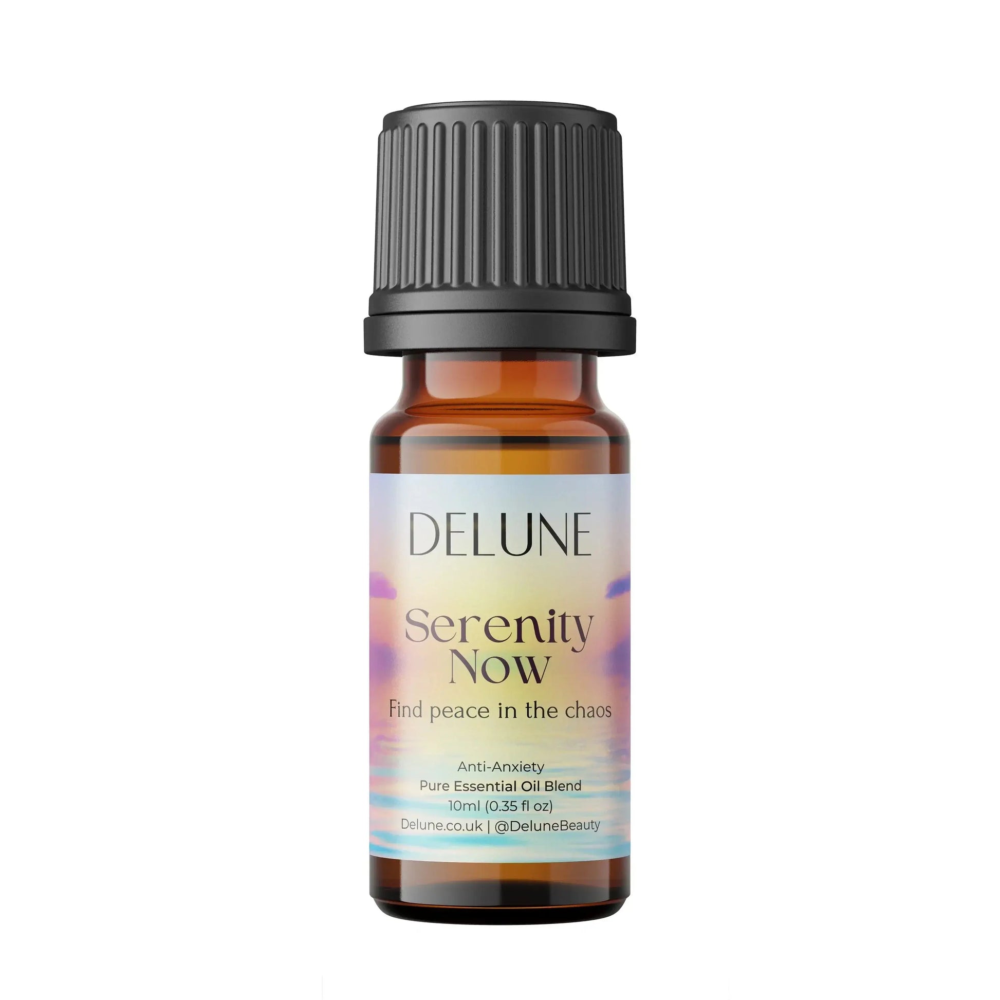 Serenity Now anti-anxiety essential oil blend bottle promoting peace and relaxation with calming lavender and chamomile scents.