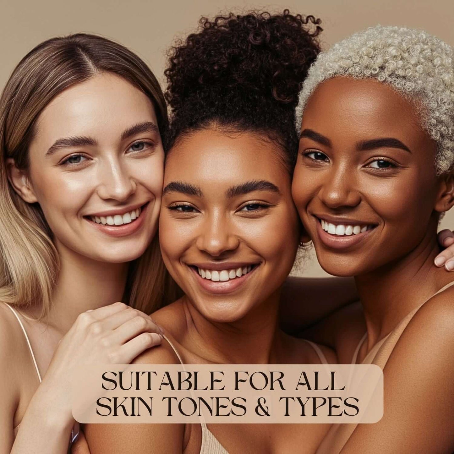 Three women of diverse skin tones smiling, promoting PM Night Retinol Power Serum's suitability for all skin types.