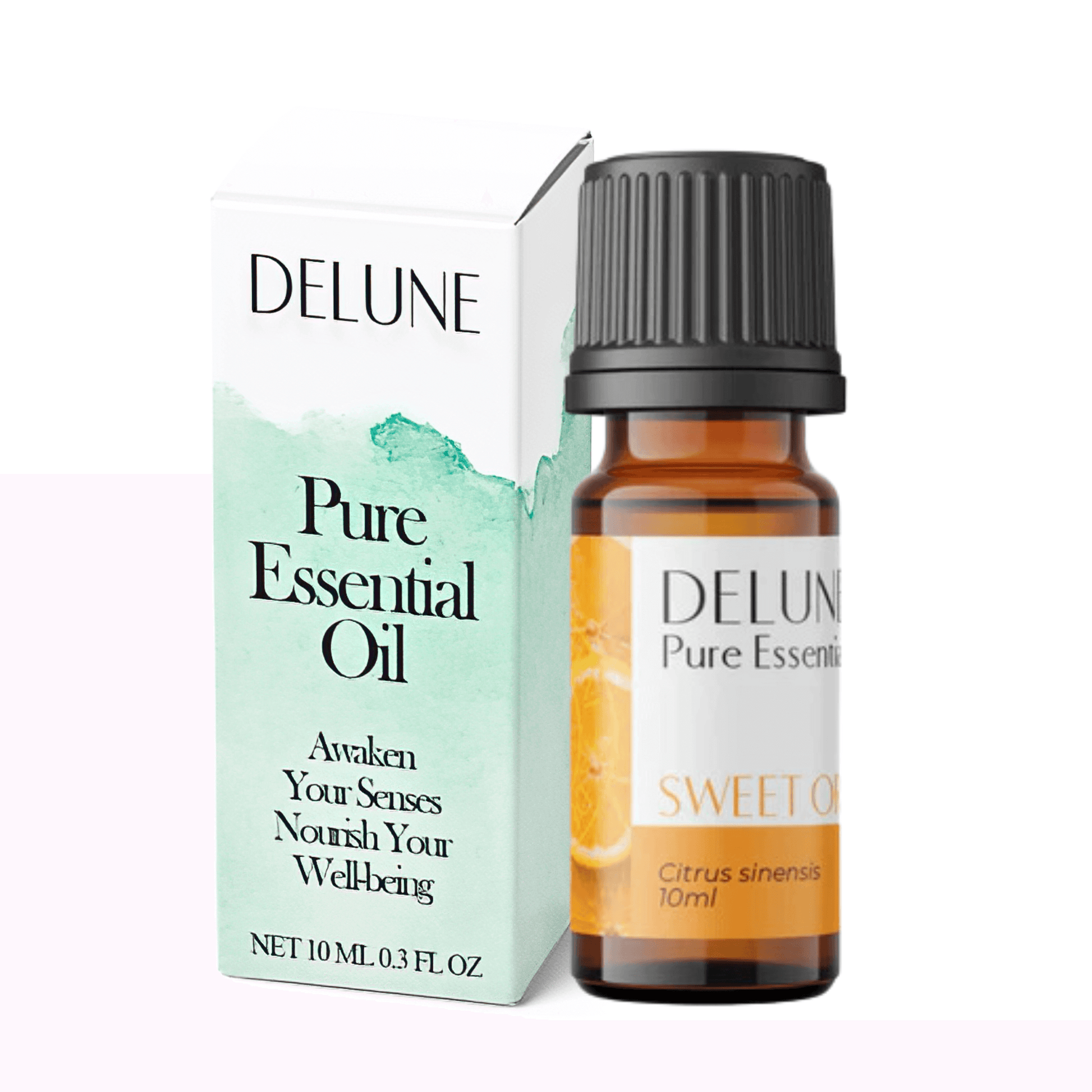 Delune Sweet Orange Pure Essential Oil 10ml bottle and box, uplifting citrus scent for wellness and skin benefits.