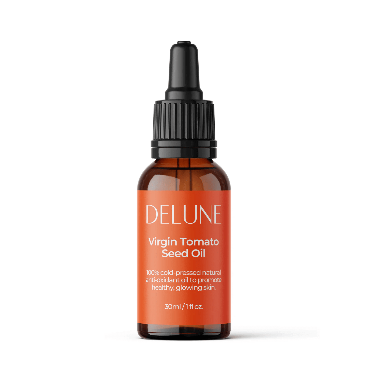 Virgin Tomato Seed Oil bottle 30ml, 100% cold-pressed natural for skin revitalization and anti-aging benefits.