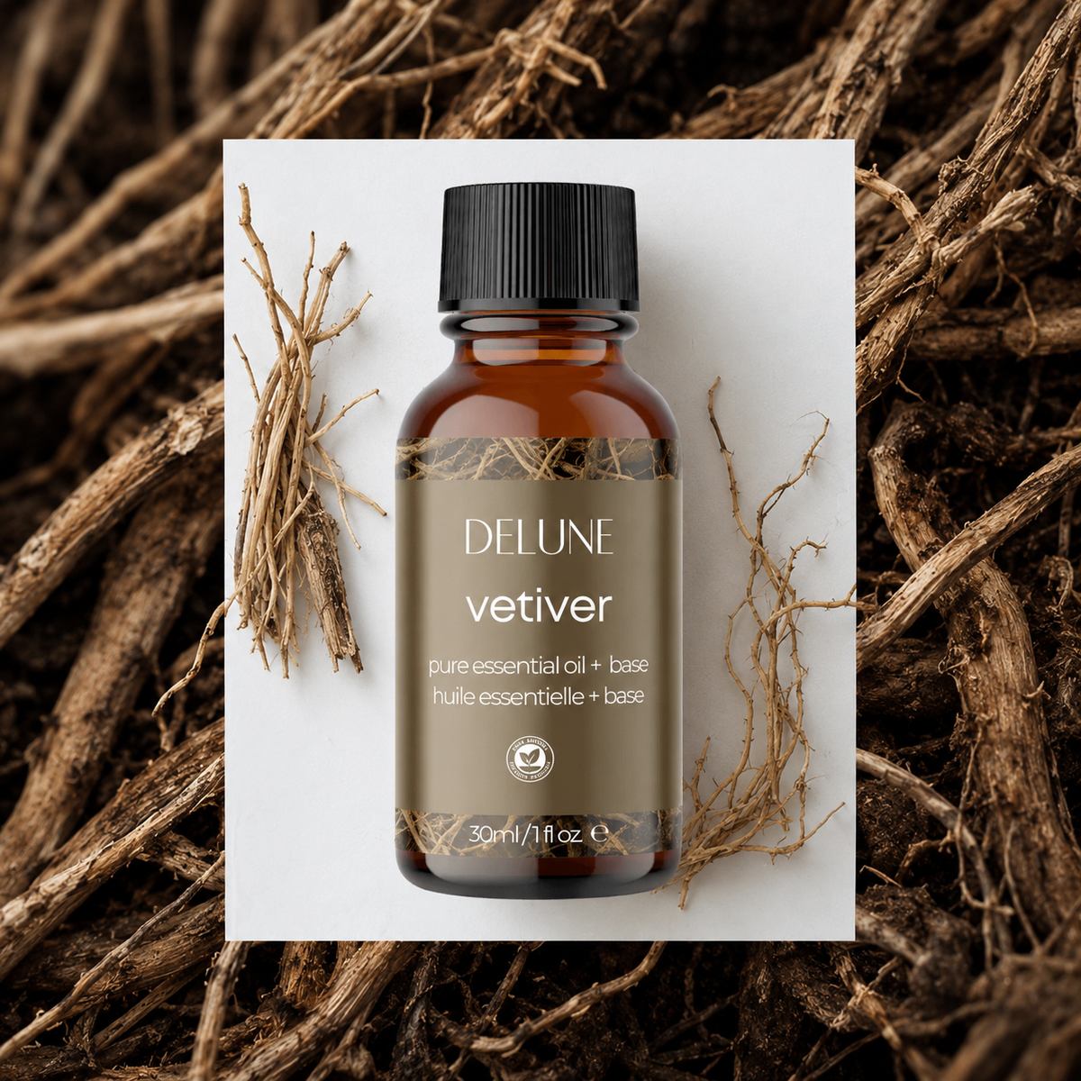 Vetiver body oil UAE – Delune Dubai Vetiver Essential Oil + Base 30ml on dried vetiver roots