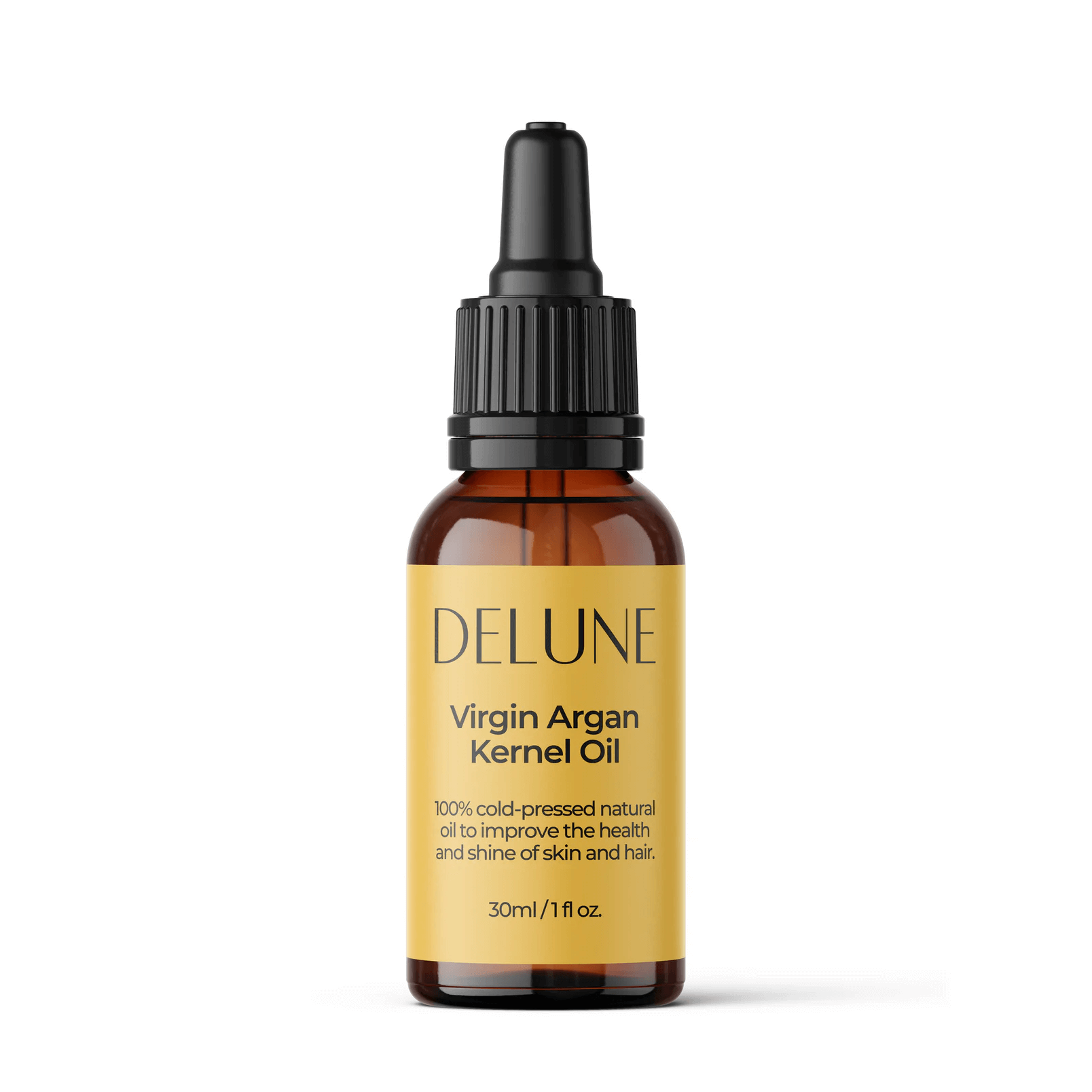 Delune Virgin Argan Kernel Oil bottle for skin and hair health, 100% cold-pressed, rich in vitamins, carotene, omega 6. 30ml size.