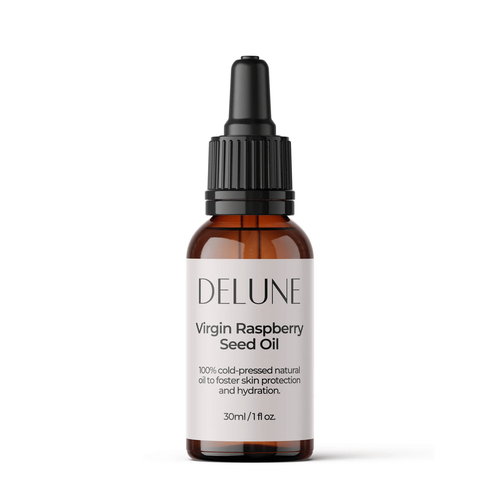 Delune Virgin Raspberry Seed Oil bottle, 100% cold-pressed, provides skin protection and hydration with Omega 3 and 6, 30ml.