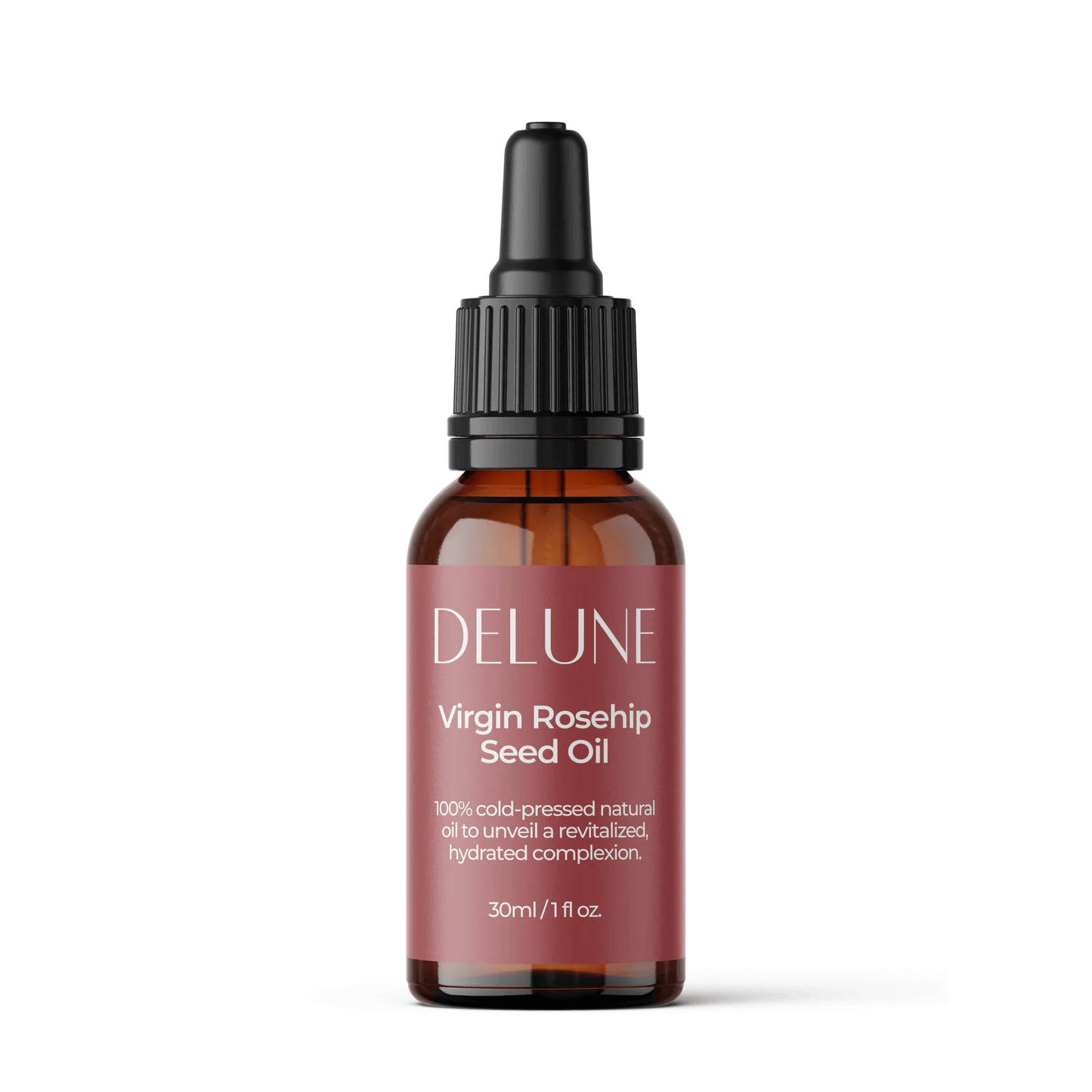 Delune Virgin Rosehip Seed Oil bottle, 100% cold-pressed for hydrated, revitalized skin, 30ml