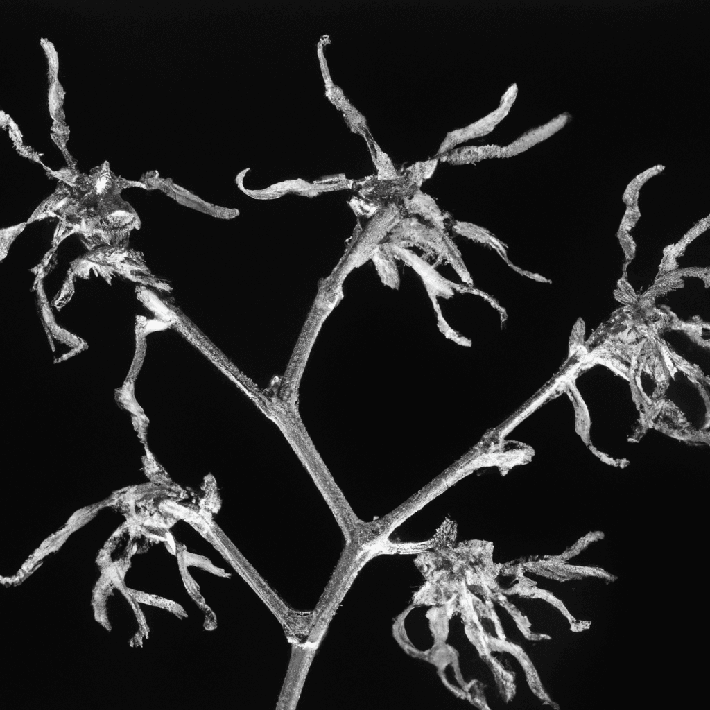 Monochrome close-up of witch hazel branches, showcasing intricate flower structure, highlighting natural beauty of botanical elements.