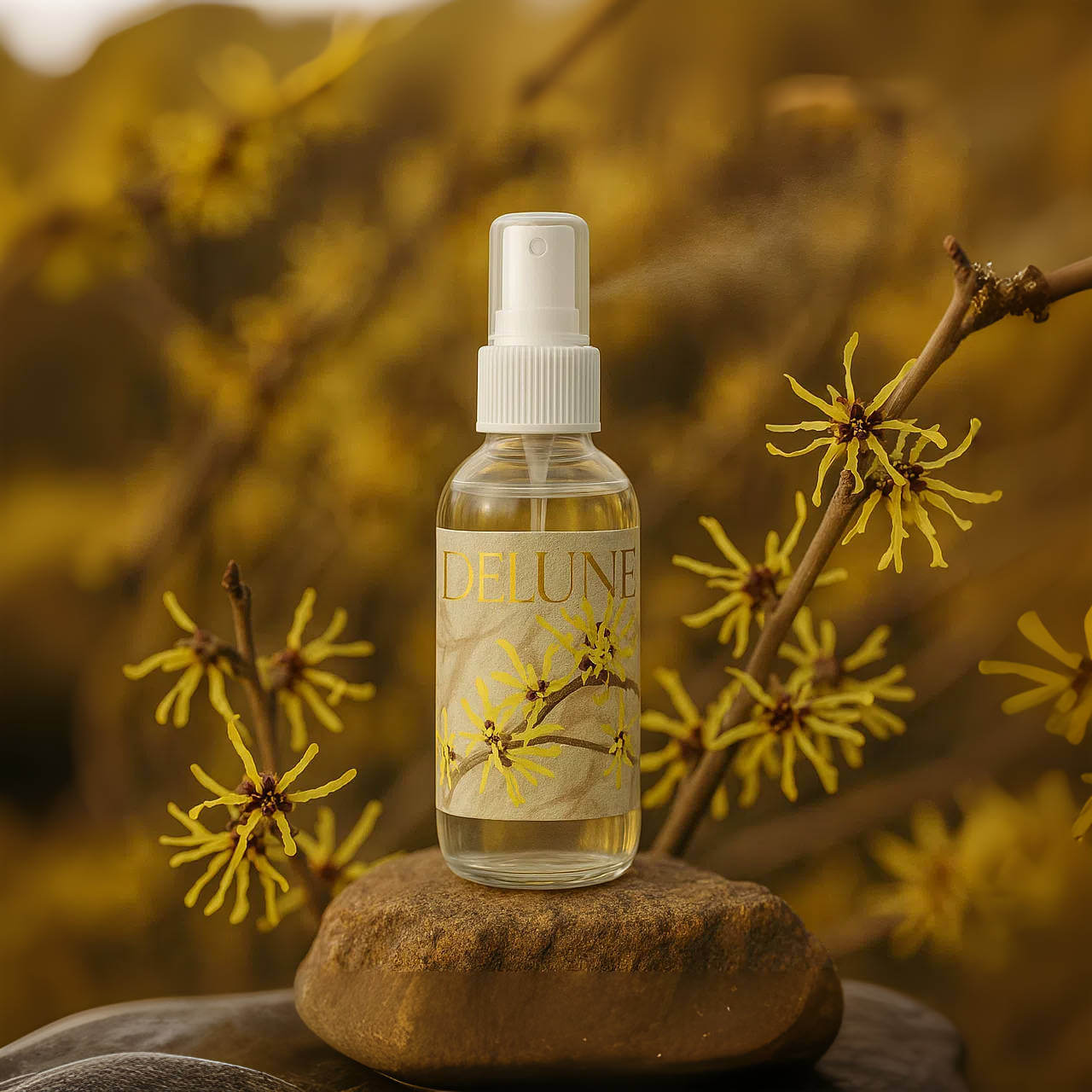 Witch Hazel Hydrosol Face Mist bottle surrounded by witch hazel flowers, showcasing its natural and rejuvenating skincare benefits.