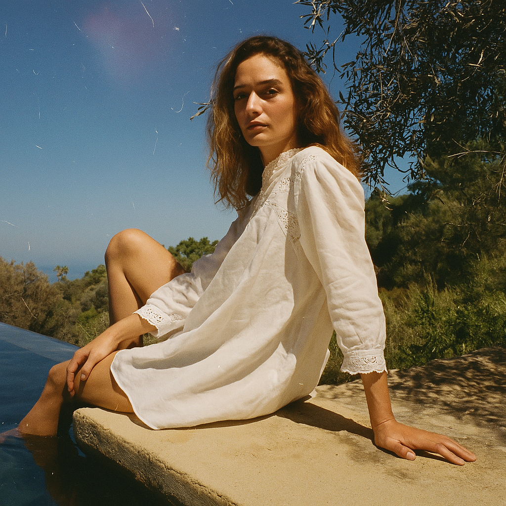 Person in white dress sitting by a poolside in a natural setting