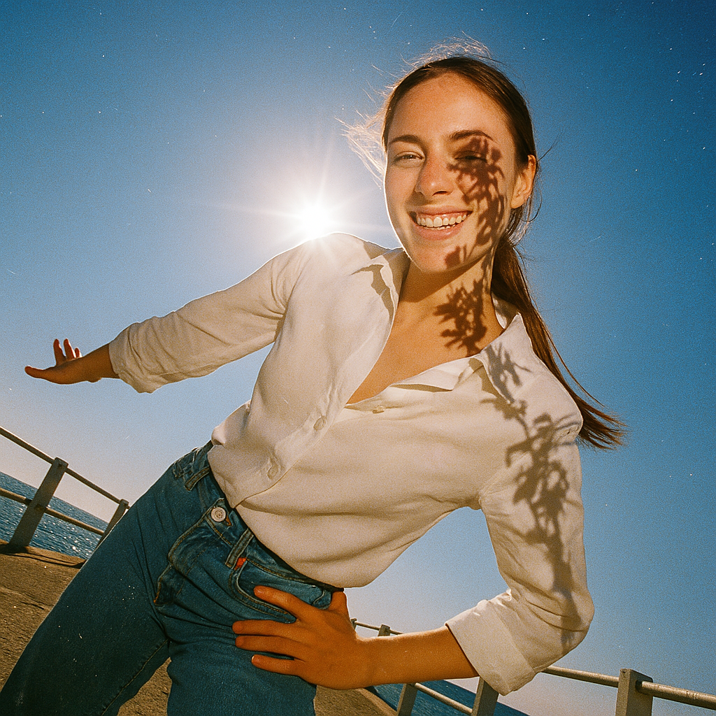 Person smiling with leaf shadows on face, standing on a sunny boardwalk by the sea in casual outfit.