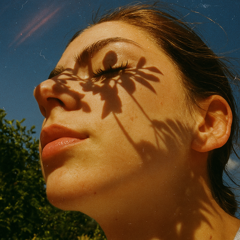 Profile of a person with a flower shadow cast over face against a clear blue sky