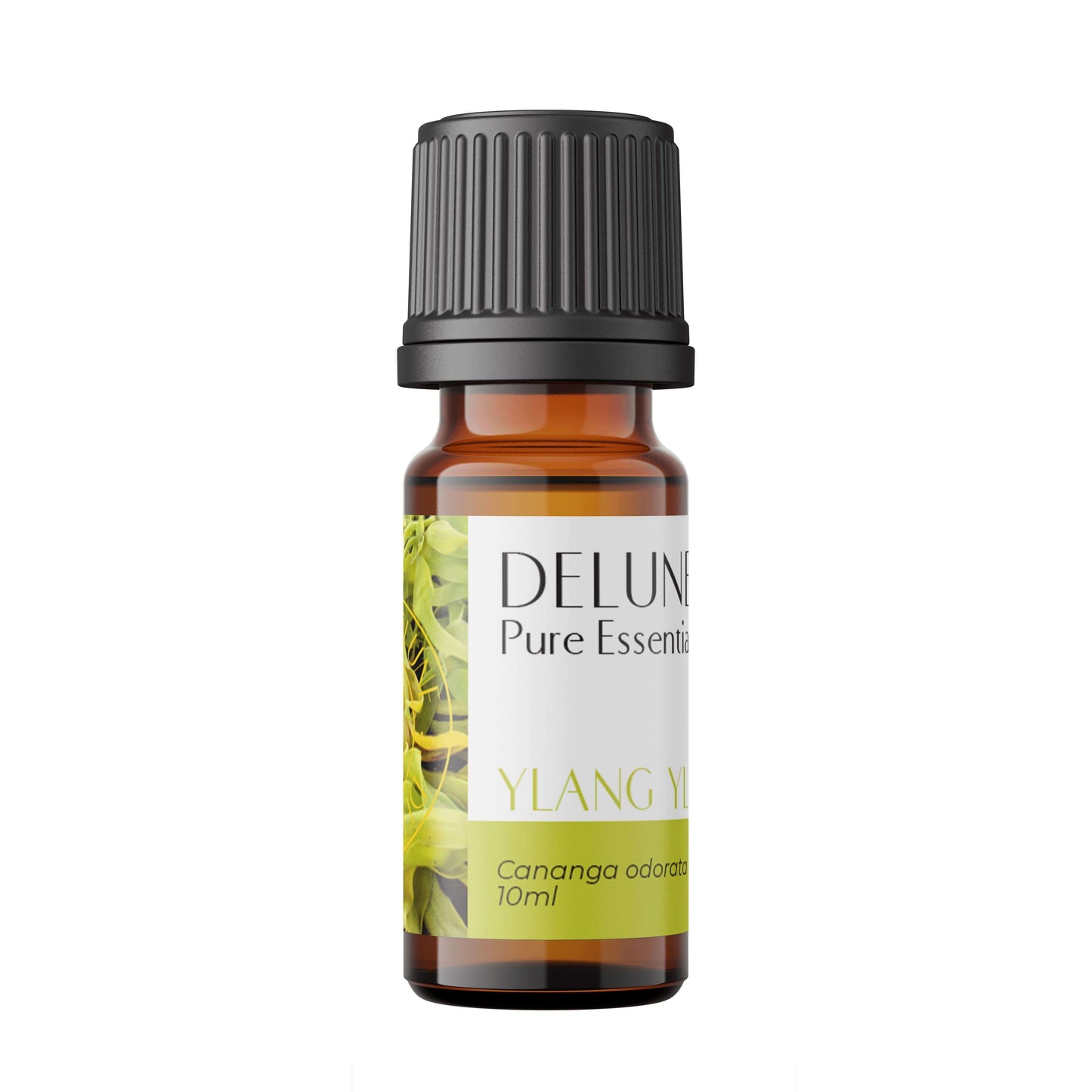 Ylang Ylang Pure Essential Oil bottle, 10ml, with floral aroma, used for stress relief and aromatherapy.