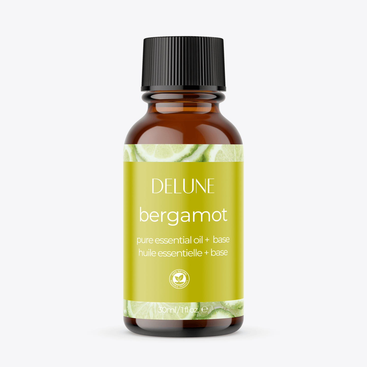Bergamot Essential Oil bottle with citrus fragrance for aromatherapy, body, and bath, enhancing relaxation and rejuvenation.