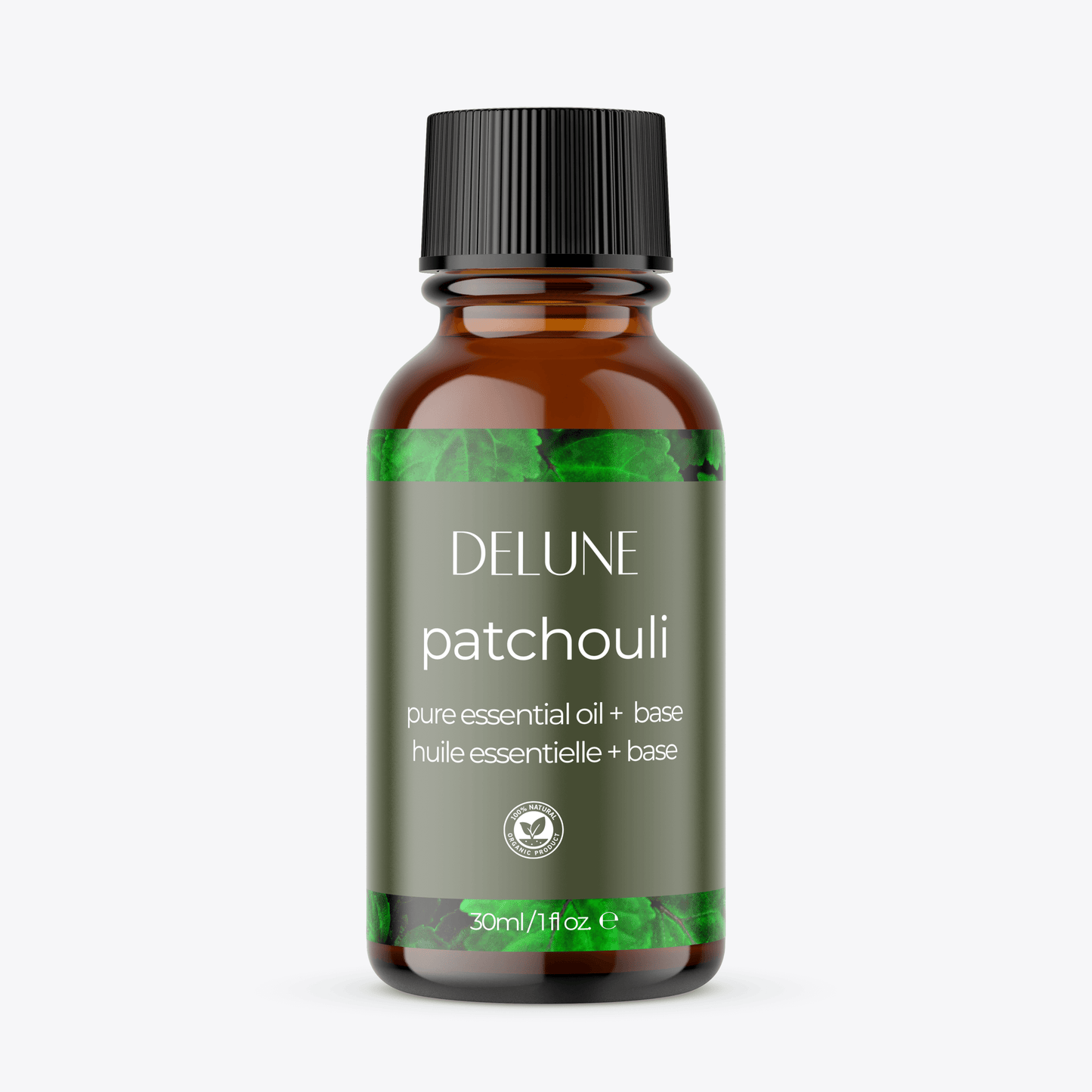Bottle of Delune Patchouli Essential Oil with calming woodsy aroma for body and bath relaxation, shown on a white background.