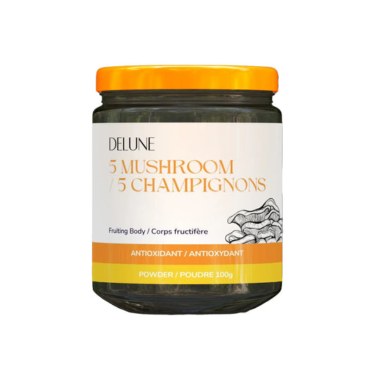 5 Mushroom Concentrated Powder jar, boosts immunity and mental clarity with organic ingredients, ideal for daily wellness.