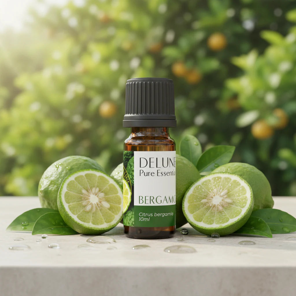 Bergamot Pure Essential Oil Bottle 10ml with Citrus Aroma for Uplifting Mood and Relaxation, by Delune.