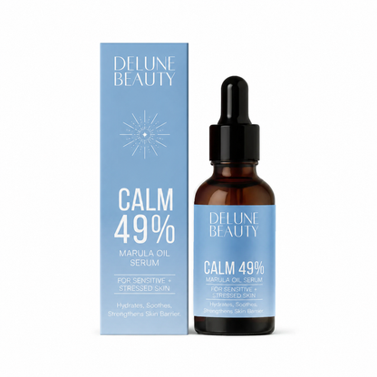 Marula oil serum UAE – Delune Dubai Calm 49% Marula Oil Serum bottle with its blue box