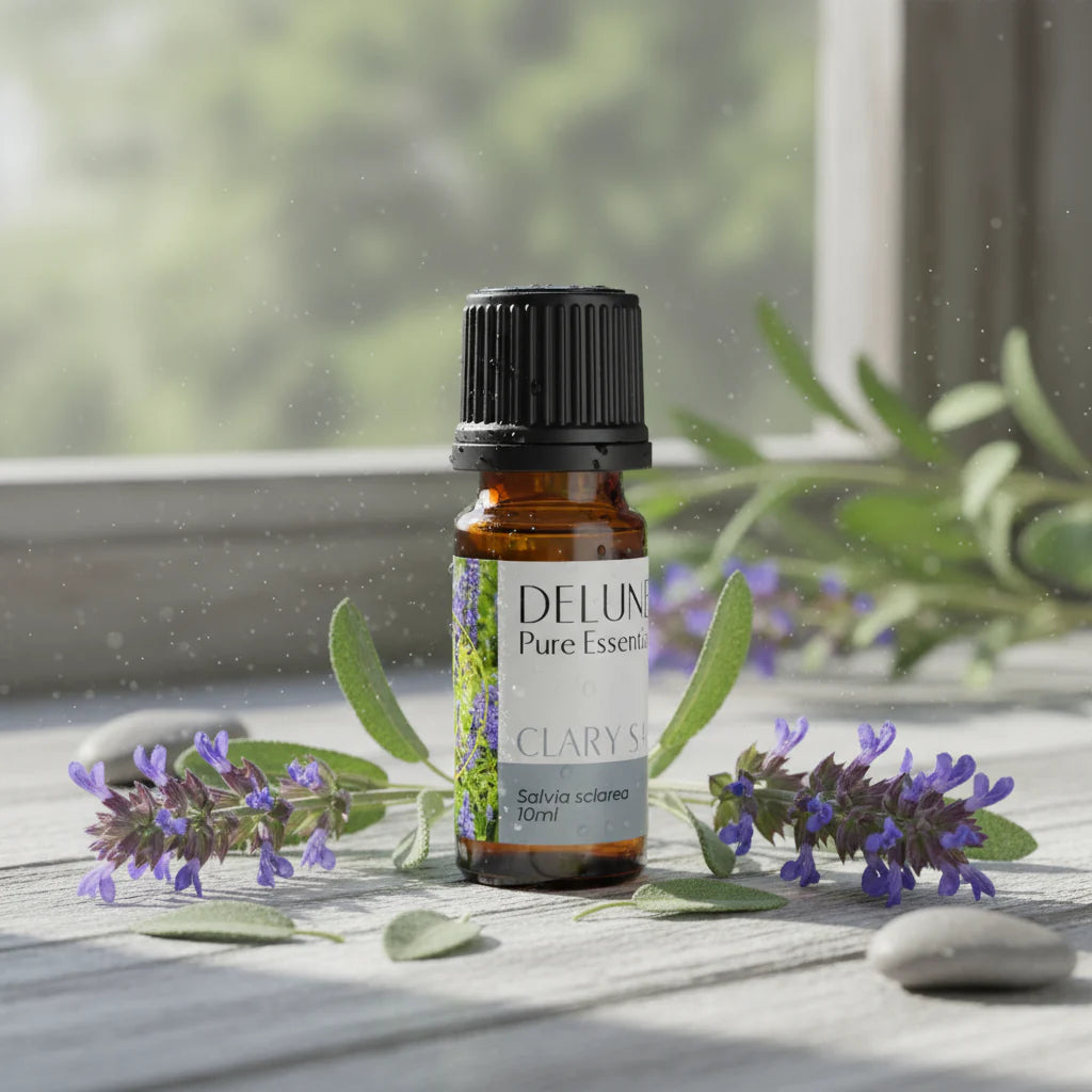 Clary Sage Pure Essential Oil bottle with calming herbal aroma for stress relief and relaxation, 10ml.