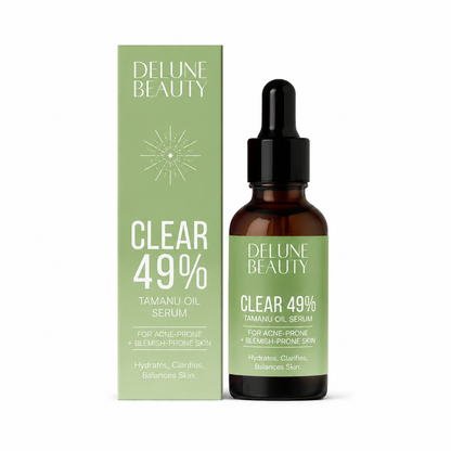 Tamanu oil serum UAE – Delune Dubai Clear 49% Tamanu Oil Serum bottle with its green box