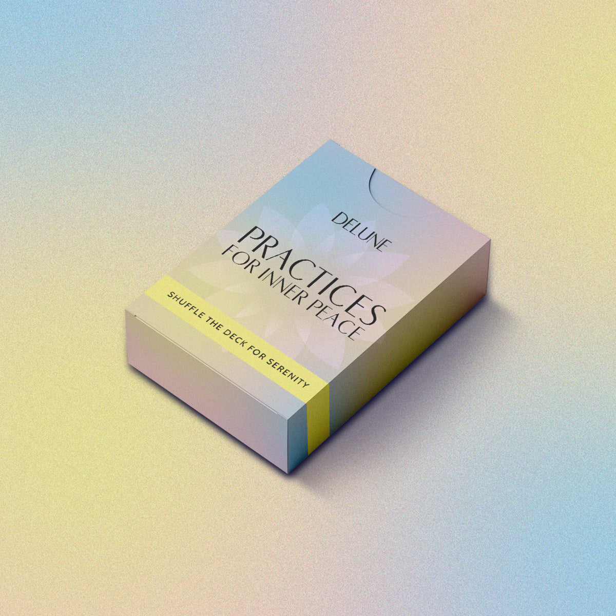 Card deck box labeled "Practices for Inner Peace" featuring calming colors for daily serenity rituals.