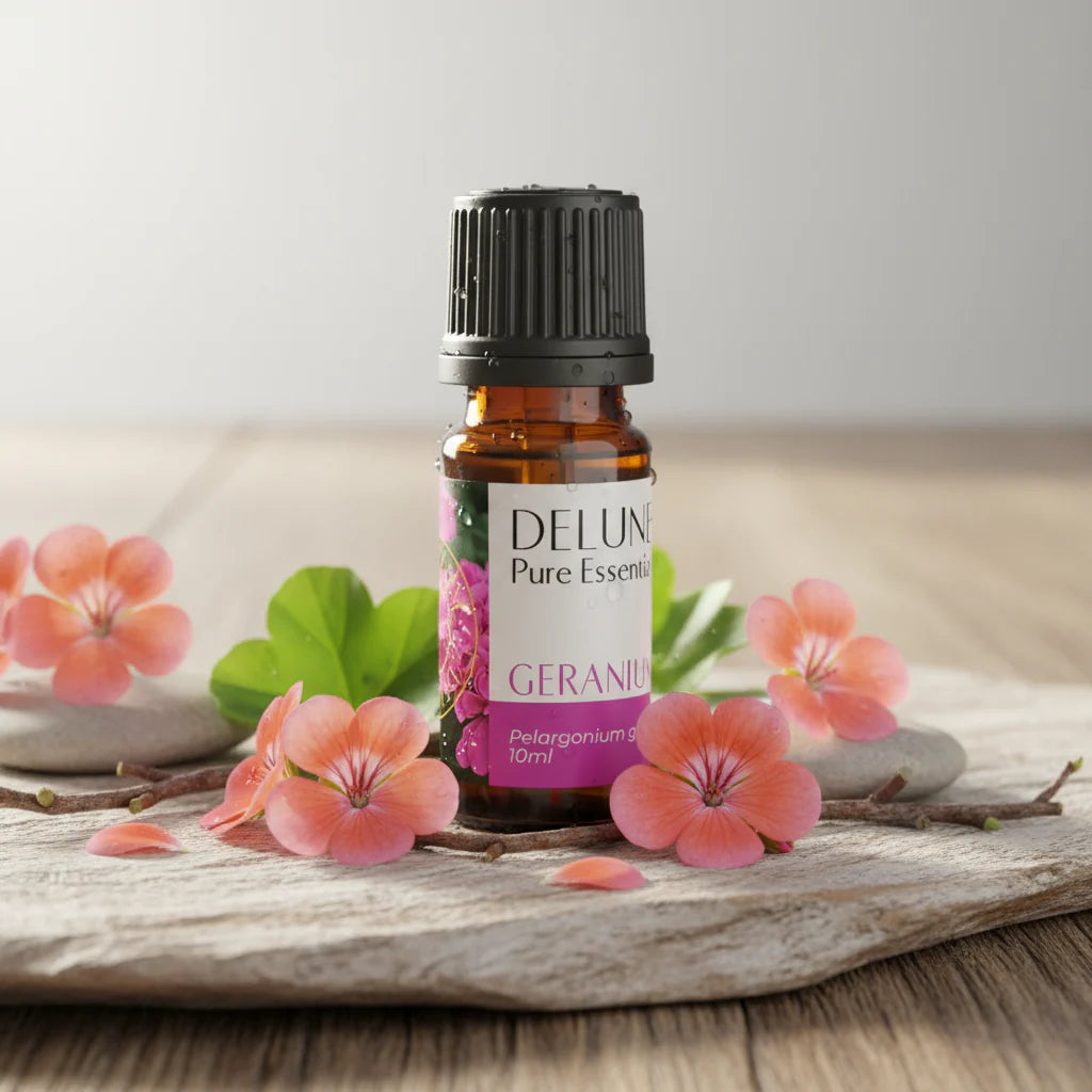 Geranium Pure Essential Oil 10ml bottle, promoting emotional wellness, floral aroma, healthy skin benefits, Delune label visible.