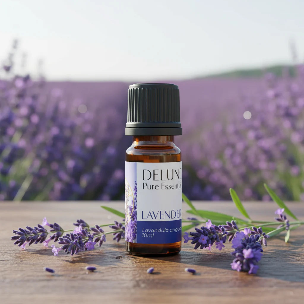 Lavender Pure Essential Oil by Delune in 10ml bottle with calming floral aroma, perfect for relaxation and skincare.